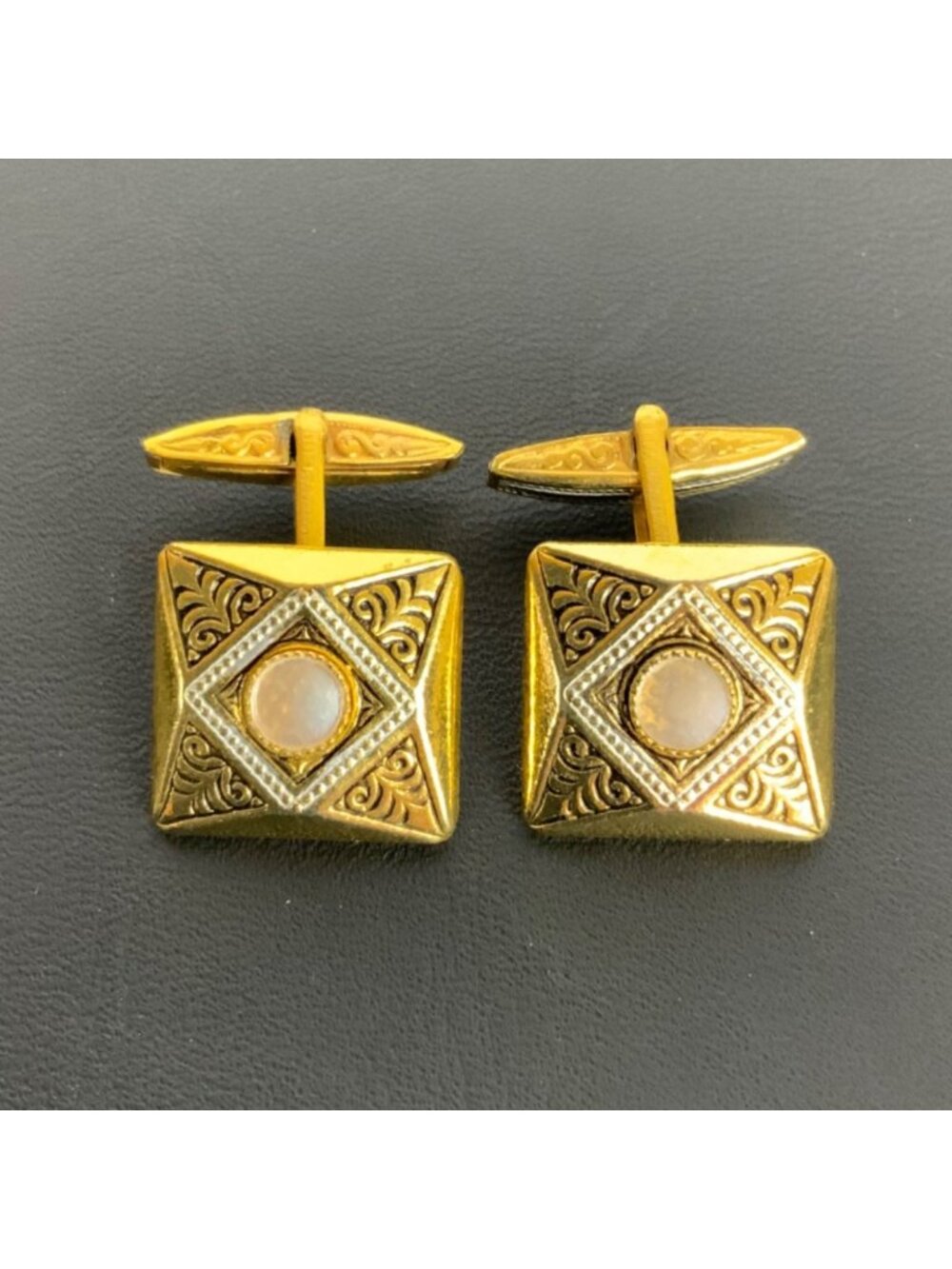 Vintage Gold-Tone Square Cufflinks With Ornate Design & Faux Pearl Accents Spain